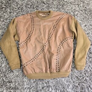 BAGAZIO Leather Suede Front Knit Sweater Mens XL Tan Brown Block Stitch Cosby